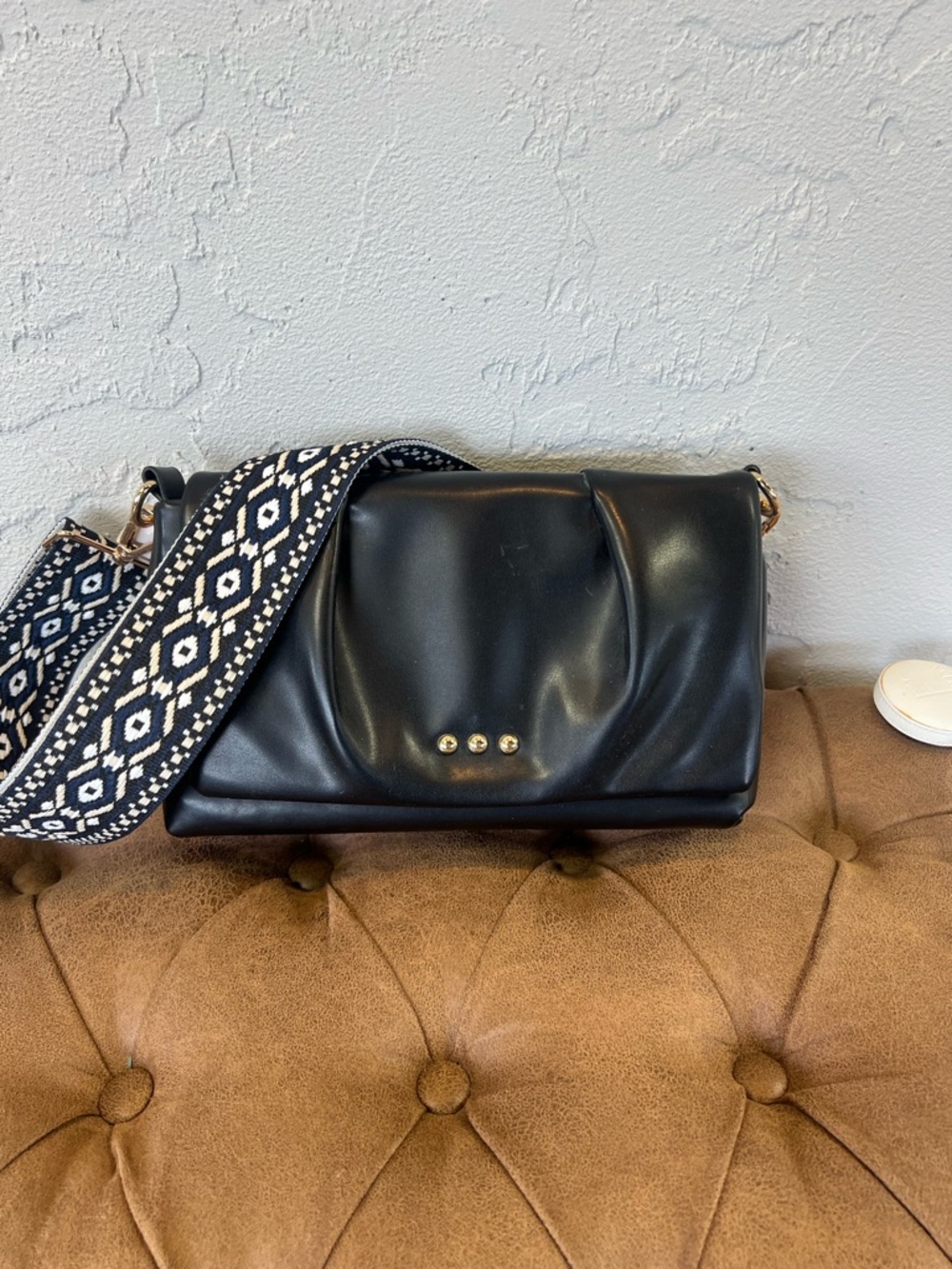 Structured Black Shoulder Bag with Patterned Strap